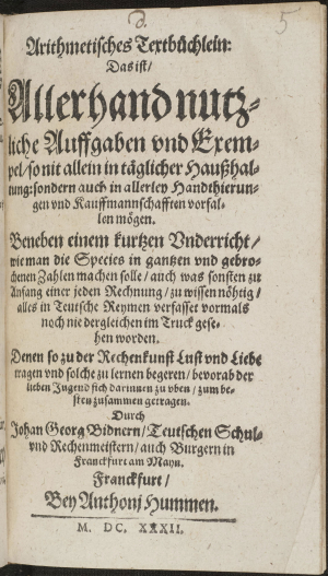 Johann Georg Büttners „Arithmetisches Textbüchlein“ (1632)